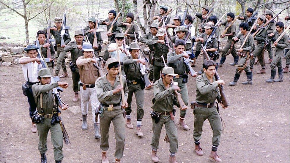 Picture taken in the 1980s of Farc fighters during training at a camp somewhere in the Colombian mountainous region