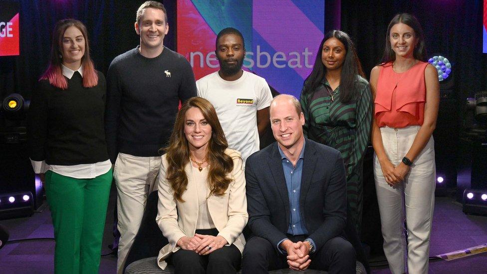 William and Catherine, the four panellists and Newsbeat presenter Pria Rai