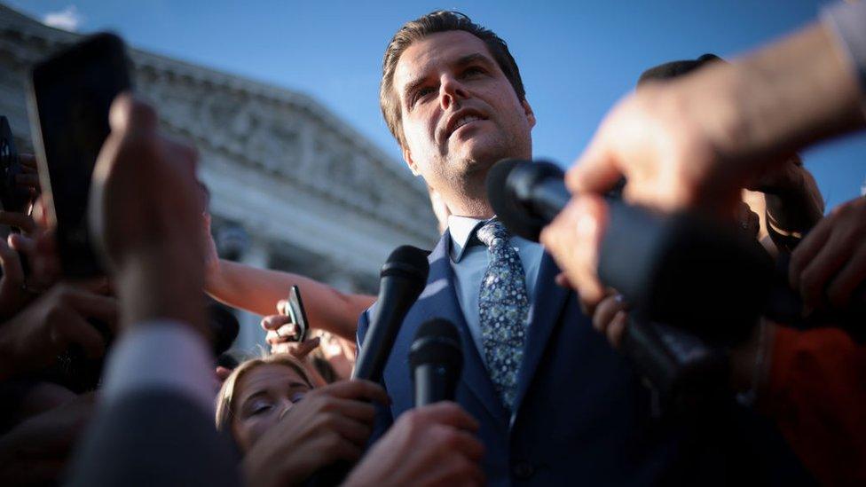 Matt Gaetz answers questions outside the US Capitol after successfully leading a vote to remove Rep. Kevin McCarthy from the office of Speaker of the House October 3, 2023 in Washington, DC