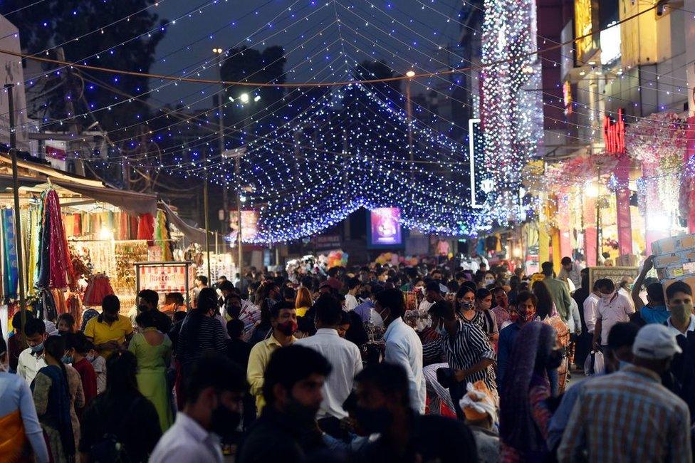 Huge crowd seen at Lajpat Nagar central market ahead of Diwali festival, on November 10, 2020 in New Delhi, India.