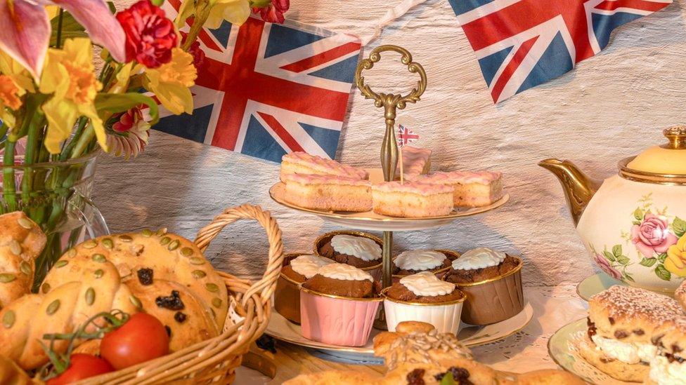 Food and bunting at a tea party