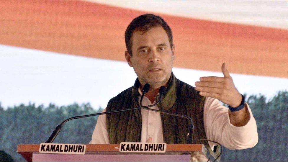 Congress leader Rahul Gandhi addresses during a rally, on February 6, 2022 in Ludhiana, India. (Photo by Gurpreet Singh/Hindustan Times via Getty Images)