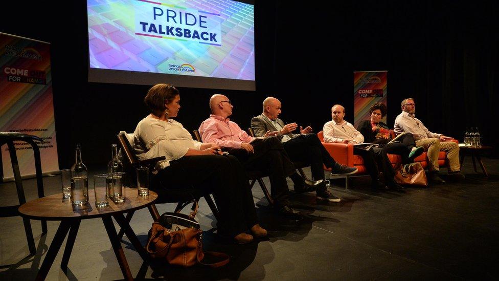 Mary Lou McDonald (Sinn Féin), Billy Hutchinson (PUP), John Blair (Alliance), Stephen Agnew (Green Party) , Claire Hanna (SDLP) and Doug Beattie (UUP) take question on LGBT issues