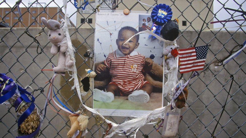 Shrine to the dead at the site of the bombing of the Alfred P, Murrah Federal Building, Oklahoma City - in 1998