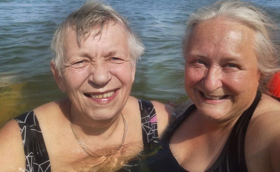 Caroline Page and Ruth Leach in their swimming costumes at the River Deben