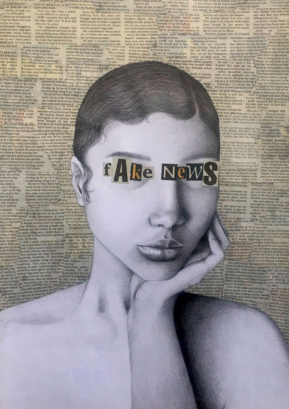 A piece of art showing a drawing of a woman with newspaper clippings around her