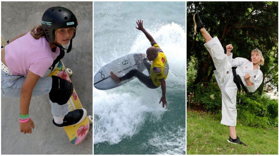 Skateboarding, surfing and karate