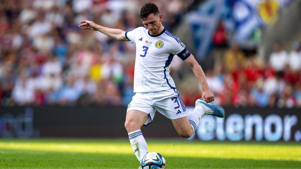 Andrew Robertson of Scotland plays the ball during the UEFA EURO 2024 qualifying round group A match between Norway and Scotland