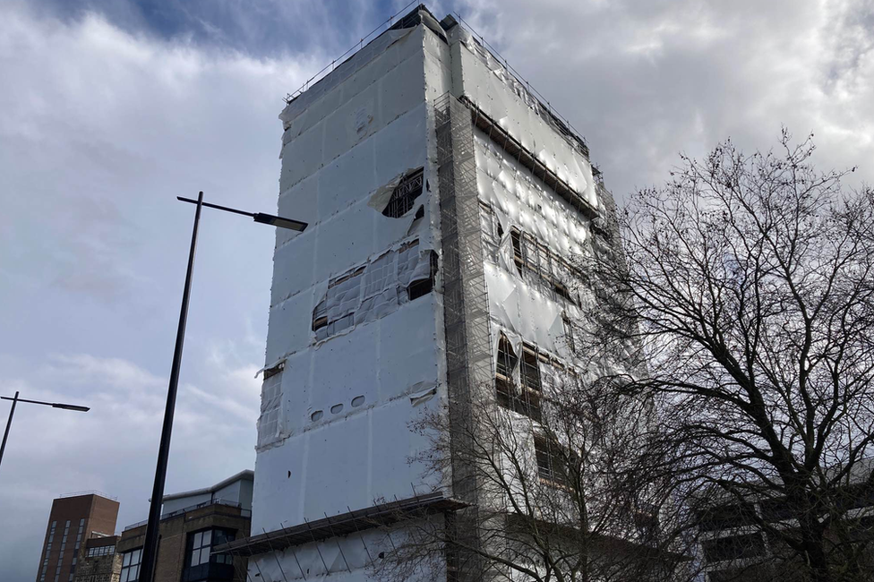 St Francis Tower in Ipswich which is covered in plastic whilst work is carried out to remove flammable cladding