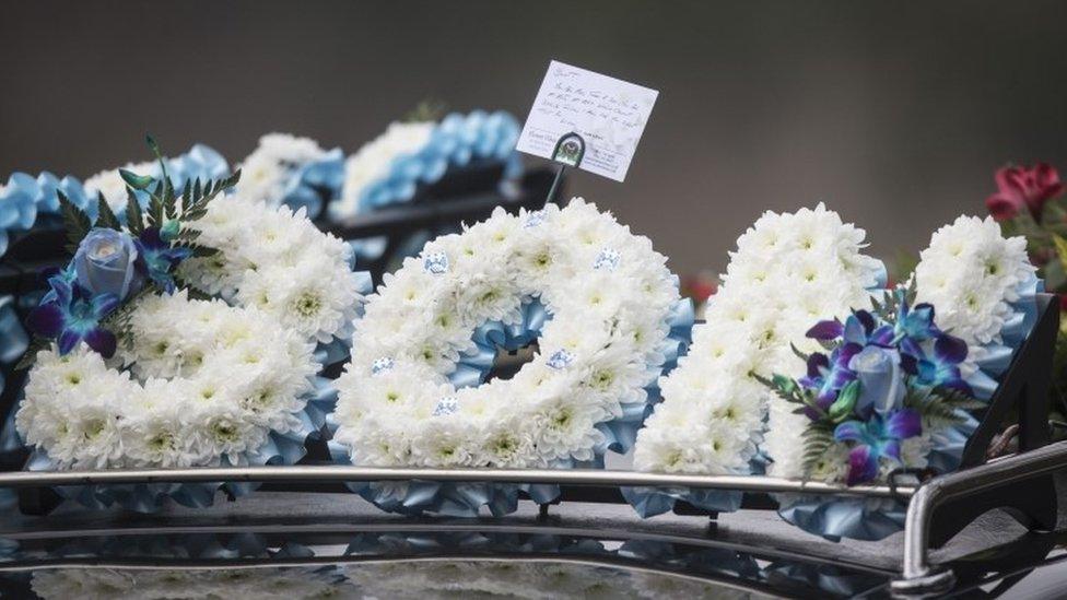 A floral tribute at the funeral of Lance Corporal Scott Hetherington at All Saints and Martyrs Church in Middleton, Greater Manchester.