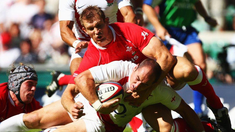 Dafydd James playing for Wales