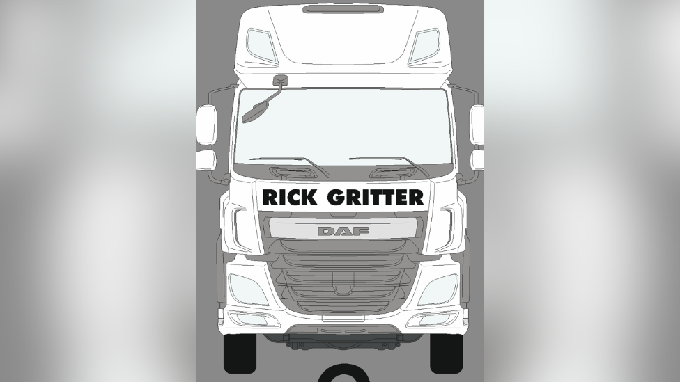 A black and white drawing showing the front of a gritter with the name "Rick Gritter" across the front.