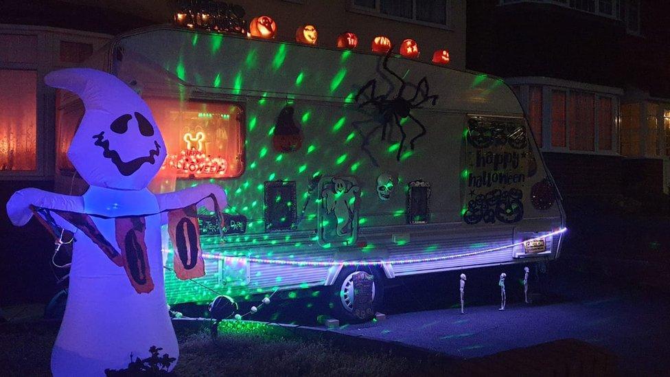 The couple's caravan decorated at Halloween