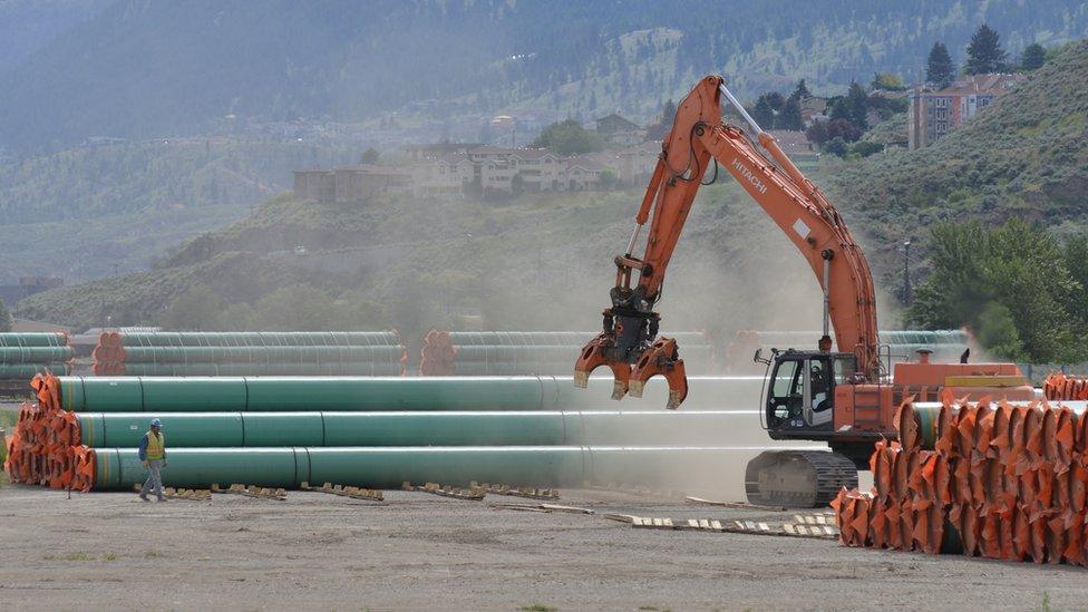 Steel pipe to be used for the Trans Mountain Expansion Project at a stockpile site in British Columbia.