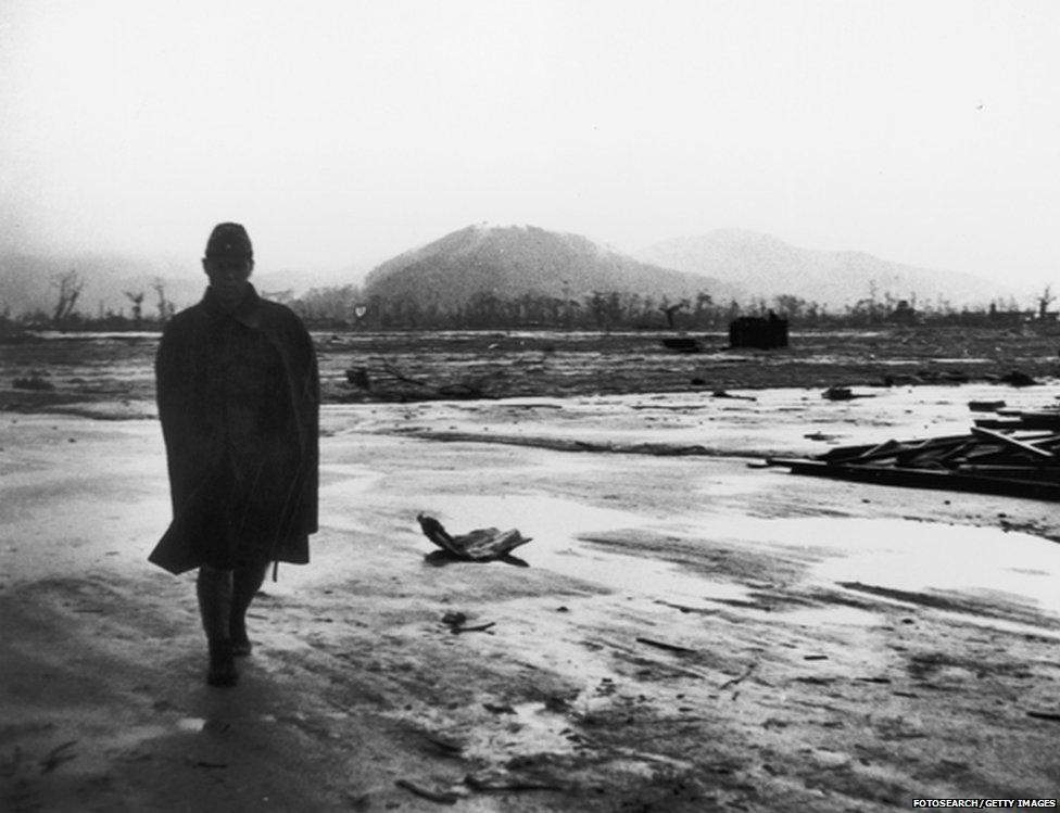 A Photograph of a Soldier at Hiroshima after the Blast in Japan, August 1945.