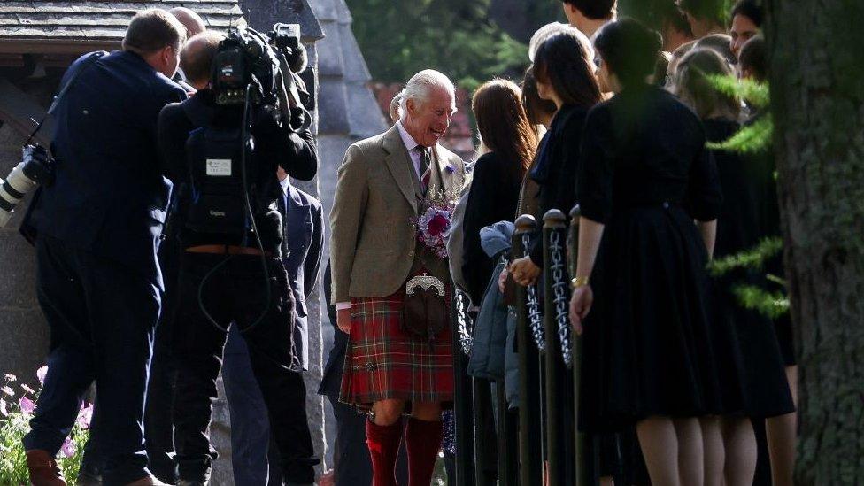 King Charles in kilt and jacket meets public at Crathie Kirk near Balmoral