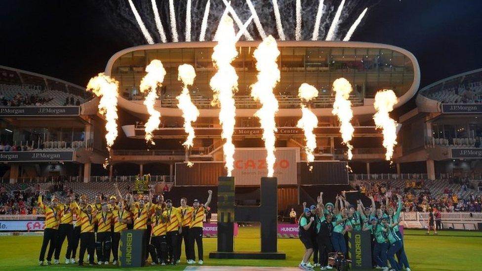 Trent Rockets Men and the Oval Invincibles Women celebrate with their trophies