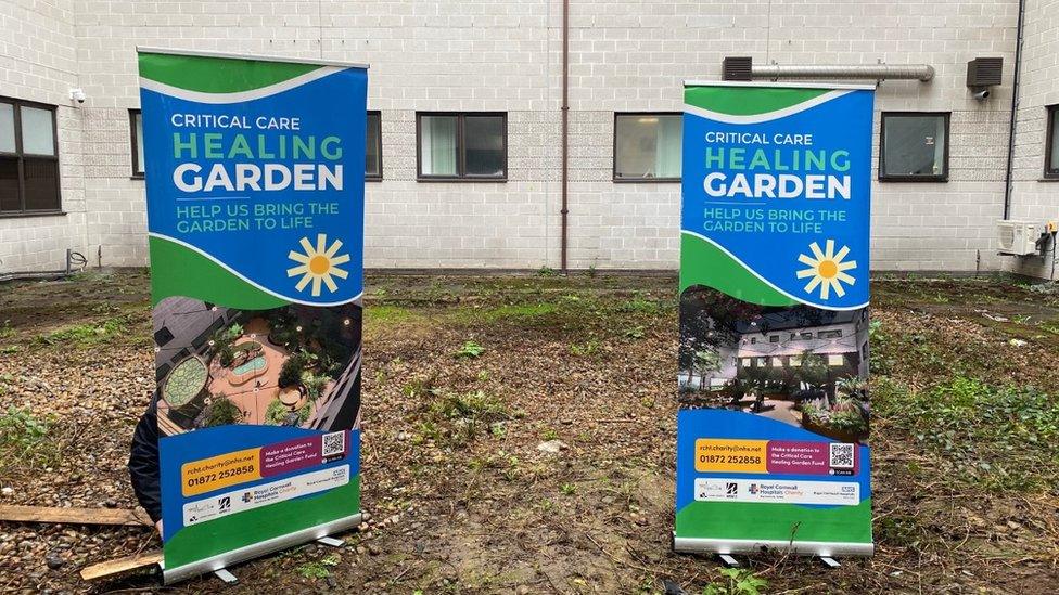 Signs in place at the ground-breaking ceremony for the healing garden at Royal Cornwall Hospital