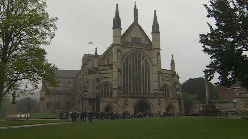 People leaving Winchester Cathedral on Saturday