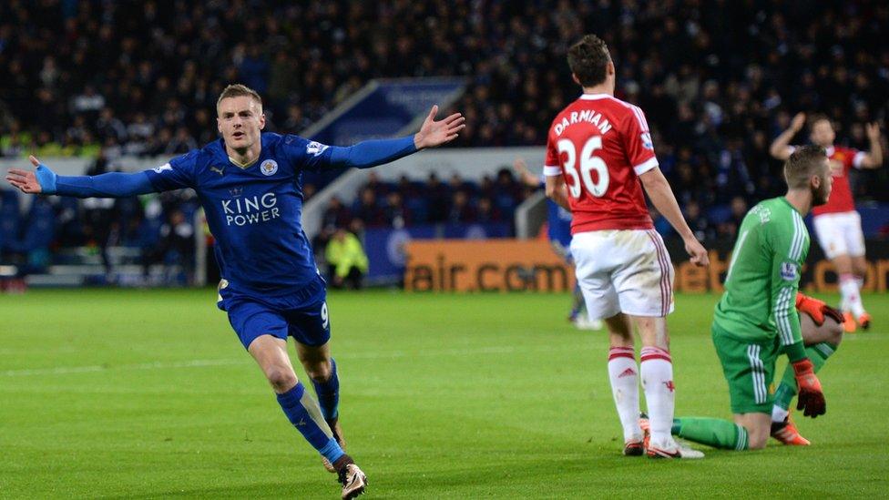 Jamie Vardy scores against Manchester United