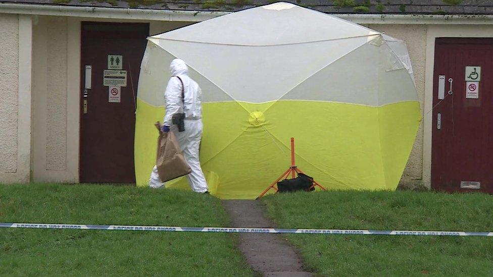 Investigators outside the public toilets on Meavy Lane