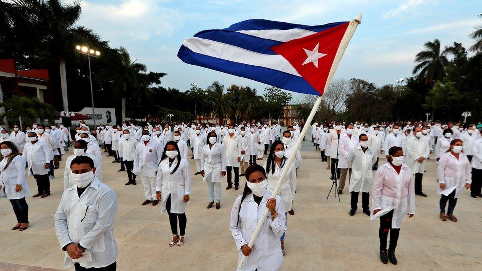 Cuban doctors at a ceremony before they left Havana for South Africa - 25 April 2020