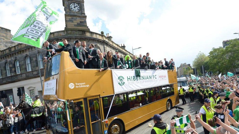 Hibs players taking part in victory parade