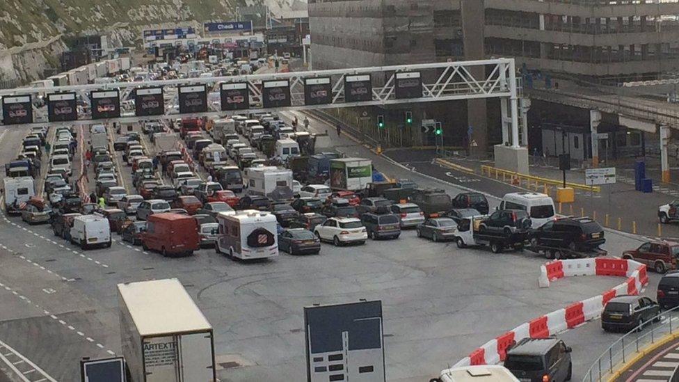 Queuing traffic at the Port of Dover in Kent, 2016