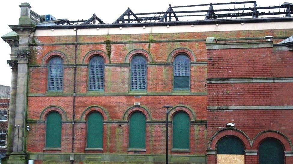 The side of the former Church showing roof timbers