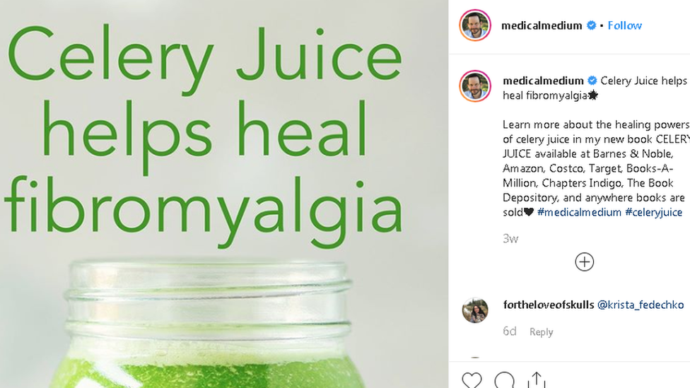 Medical Medium Instagram post saying 'celery juice helps heal fibromyalgia.'