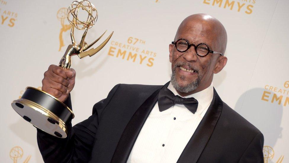 Reg E Cathey with Emmy award for guest actor in a drama for House of Cards, at Microsoft Theater on September 12, 2015 in Los Angeles, California