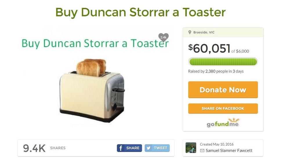 Screengrab shows GoFundMe page to buy Duncan Storrar a toaster