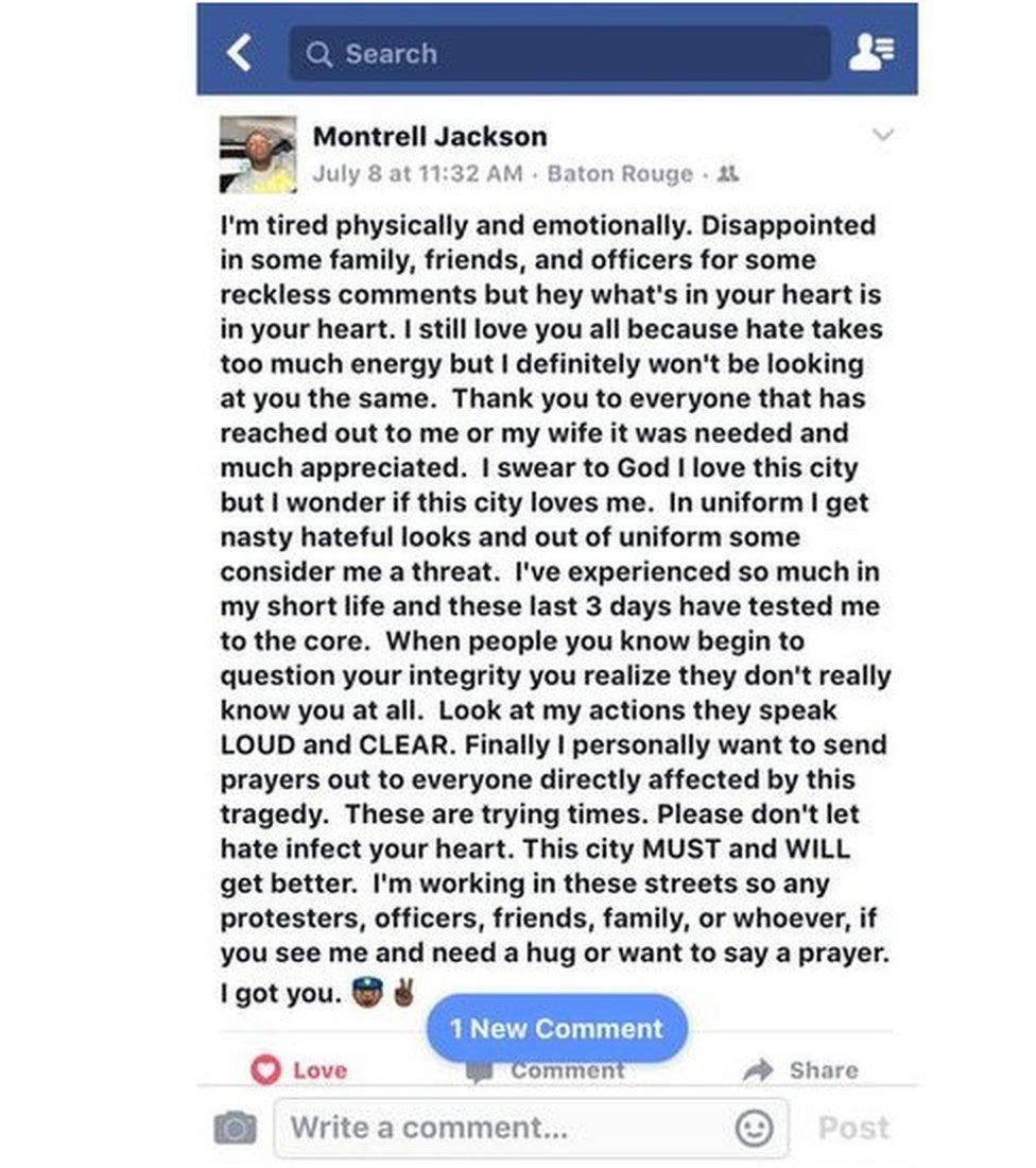 Facebook post from Montrell Jackson about being a black police officer