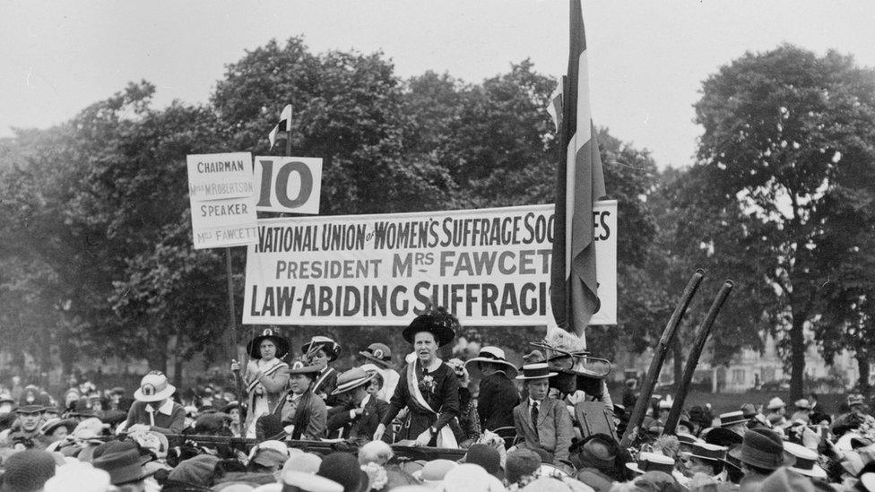 Dame Millicent Fawcett addressing a meeting in Hyde Park as president of the National Union of Women"s Suffrage Societies