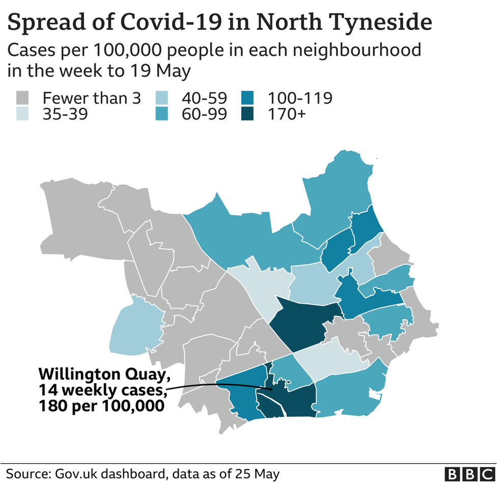 Map showing cases in North Tyneside wards