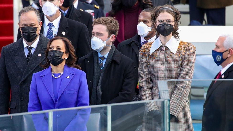 (Left to right) Doug Emhoff, Vice-President Kamala Harris, Cole Emhoff, Ella Emhoff, and former Vice President Mike Pence watch on as Lady Gaga sings the national anthem at the inauguration of US President Joe Biden in Washington, DC last week