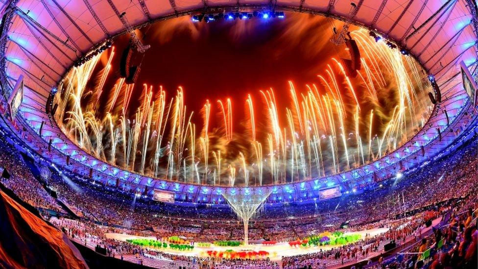 Shot of fireworks over Macarena Stadium at Rio closing ceremony