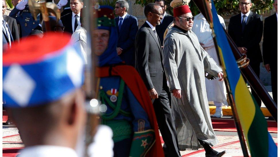 Rwanda's President Paul Kagame, 2nd right and Morocco's King Mohammed VI, right, arrive to a ceremony at the Royal Palace in Casablanca, Morocco, Monday 20 June 2016.