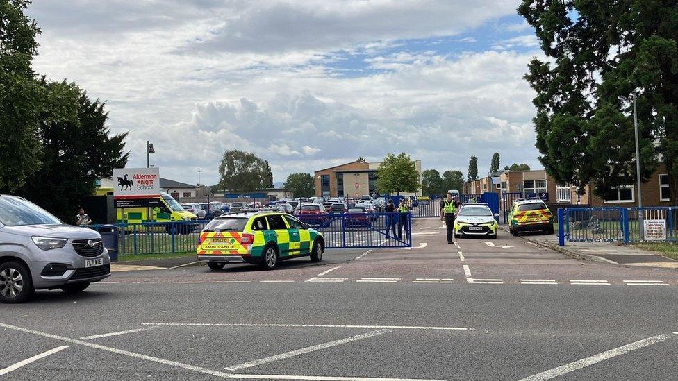 Police and ambulances at Tewkesbury School