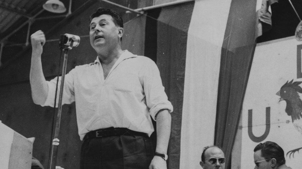 Pierre Poujade, Leader of the Trades Peoples Party, addressing some of his followers at a Congress in Angers in 1958