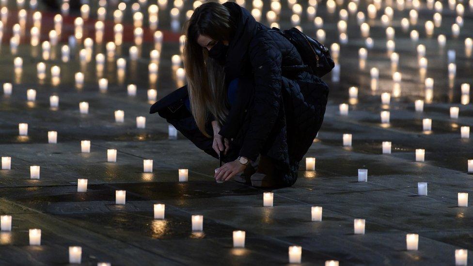 Activists lit almost 5,000 candles to commemorate the people who died with coronavirus in Switzerland, on the Bundesplatz, front of the Federal Palace, in Bern, Switzerland, 06 December 2020