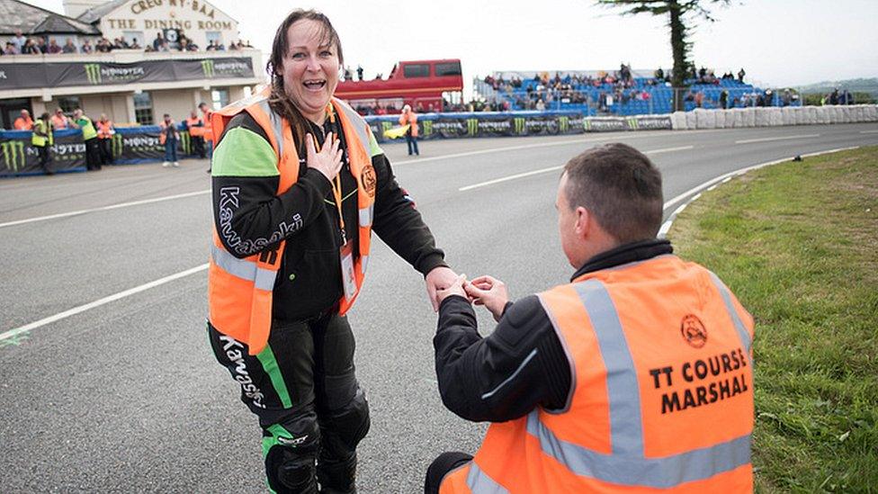 Marshal proposing to his girlfriend at the Isle of Man TT