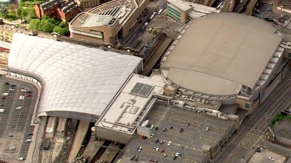 Aerial shots of Victoria Station and Manchester Arena