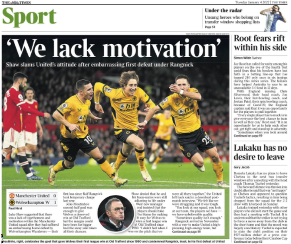 Main sports page of the Times on 4 January 2022