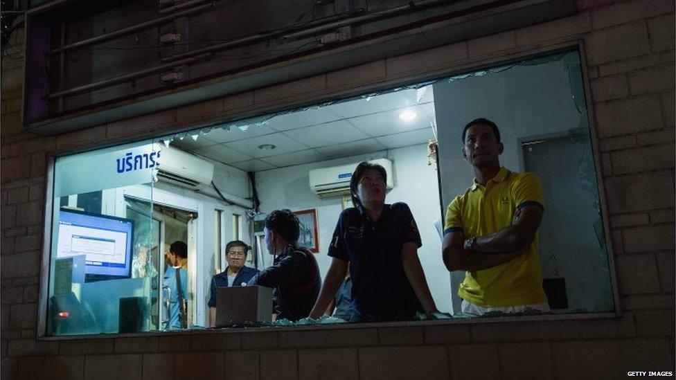 Police booth with broken windows in Bangkok