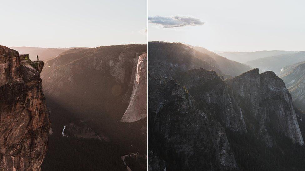 Side-by-side shots of Matthew's friend in the same spot, and another angle of the look-out