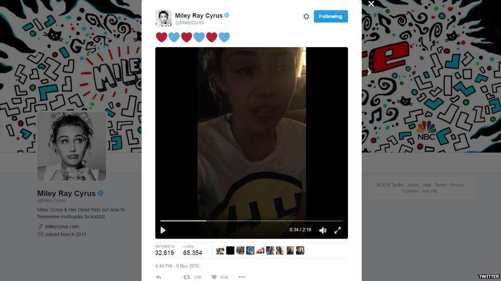 Miley Cyrus posts a video on Twitter