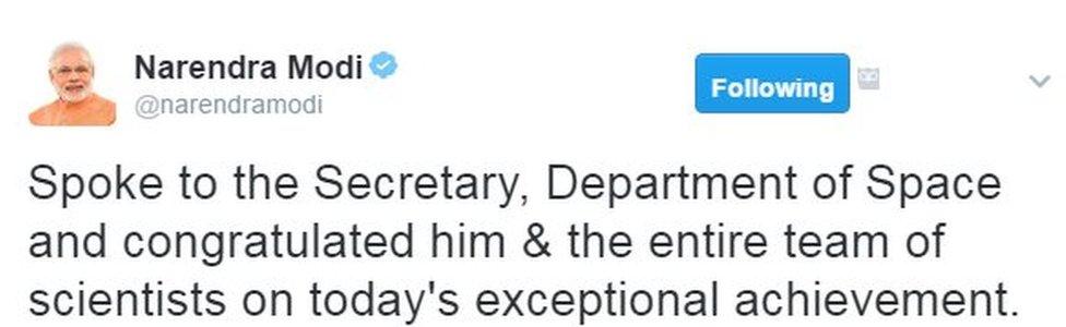 Spoke to the Secretary, Department of Space and congratulated him & the entire team of scientists on today's exceptional achievement.