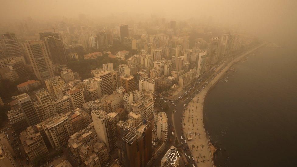 A sandstorm shrouds the capital city of Beirut, Lebanon, Tuesday, Sept. 8, 2015.