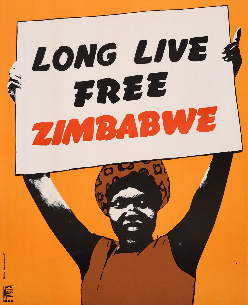 An Ospaaal poster entitled Long Live Free Zimbabwe, 1980 showing a woman holding up a banner with that phrase